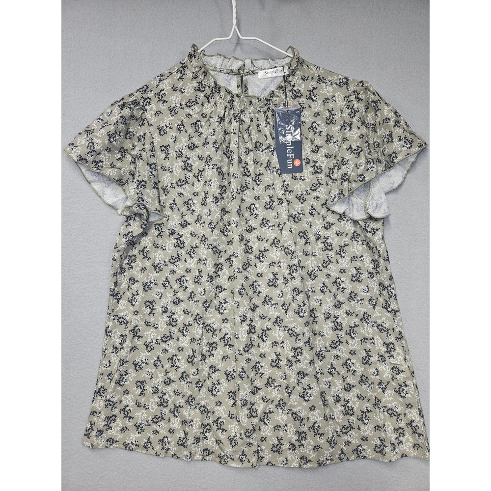 SimpleFun Womens Floral Blouse Sage Green Ruffle High Neck Short Sleeve Size M